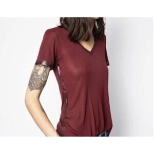 Zadig & Voltaire Burgundy Atia Foil V-Neck Pink Metallic Trim Edgy Size S FLAW